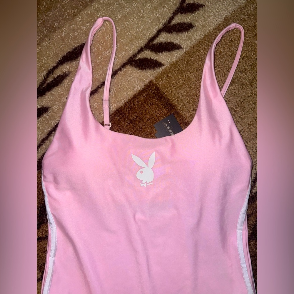 Playboy Baby Pink One-Piece Swimsuit w/ White Piping- NWT